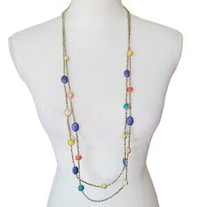 Chico's Colorful Beaded Long Station Necklace Double Strand Light Blond Gold Tn